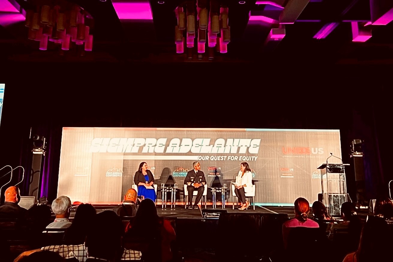 Surgeon General Vivek Murthy participates in a fireside chat with Rita Carreon and January Contreras.