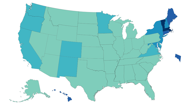 Map of the United States with each state a different shade of blue or green reflecting the percentage of the population that is vaccinated in that state.