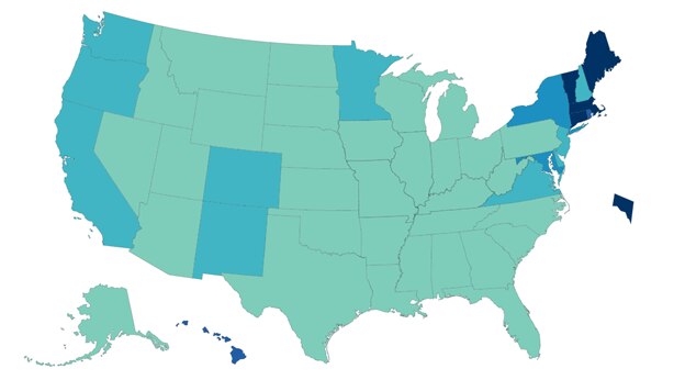 Map of the United States with each state a different shade of blue or green reflecting the percentage of the population that is vaccinated in that state.