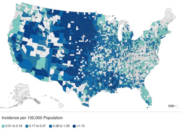 Since 1999, WNND cases have been reported in the majority of counties in the continental United States. The counties with the highest incidence for WNND cases are mostly located in the Great Plains and western states.