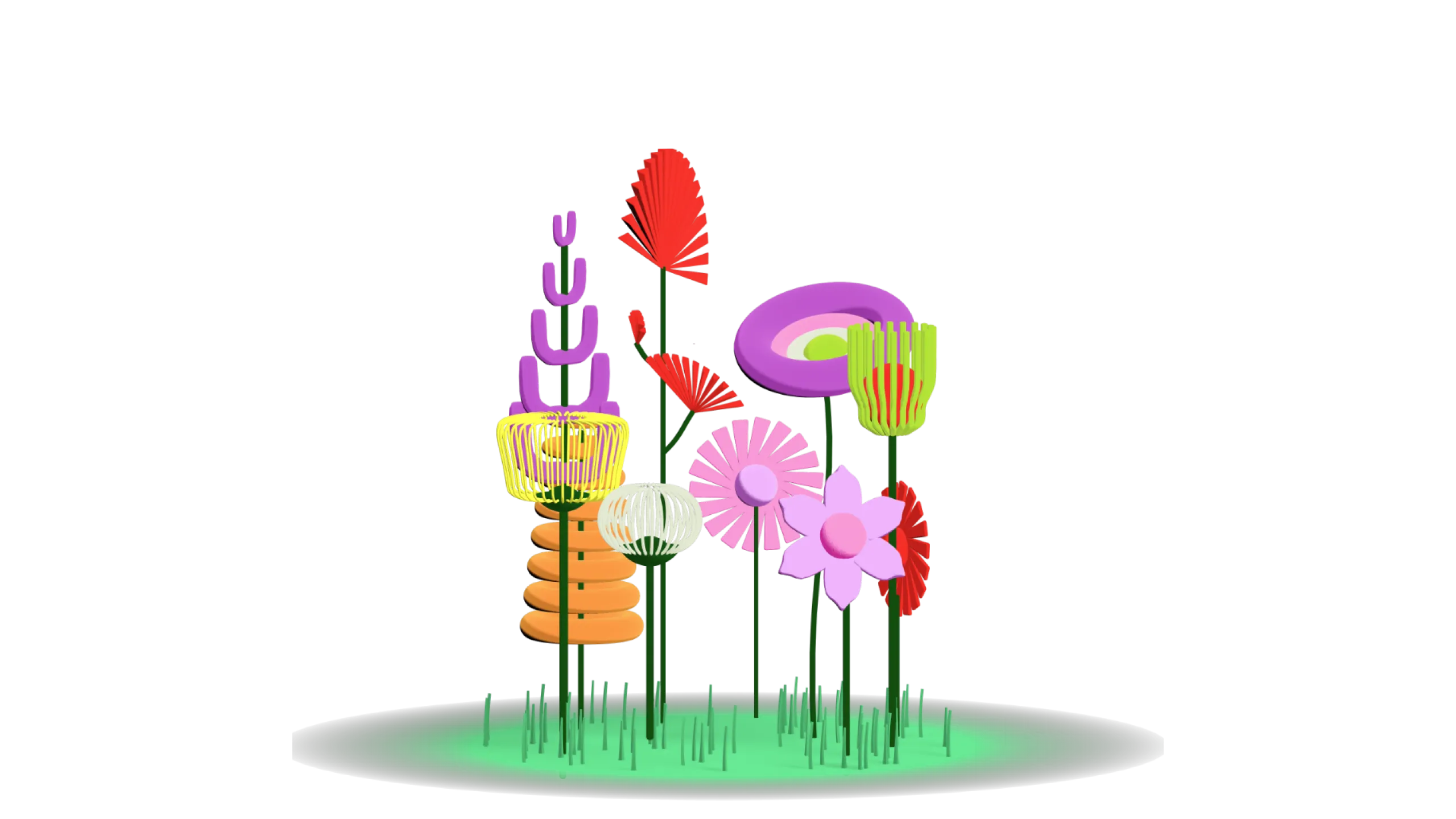 Colorful 3D rendered flowers grouped on a small area of grass.