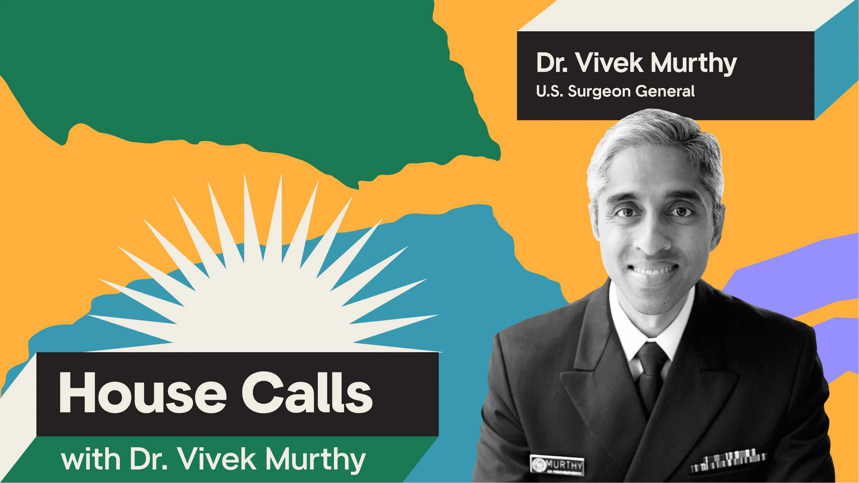 Black and white portrait of Surgeon General Vivek Murthy with a colorful background.
